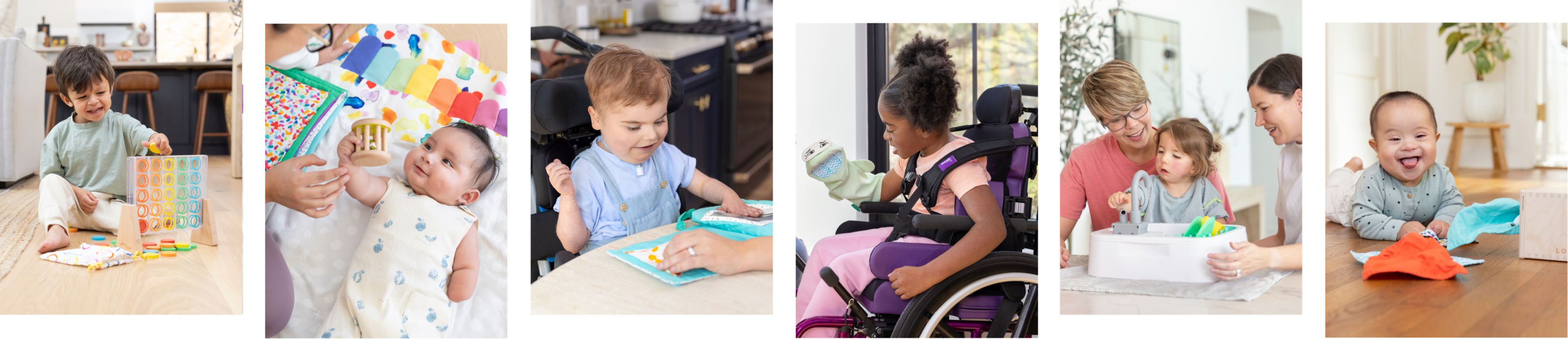 Photo collage of young children playing with Lovevery playthings