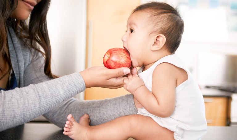 Baby biting an apple