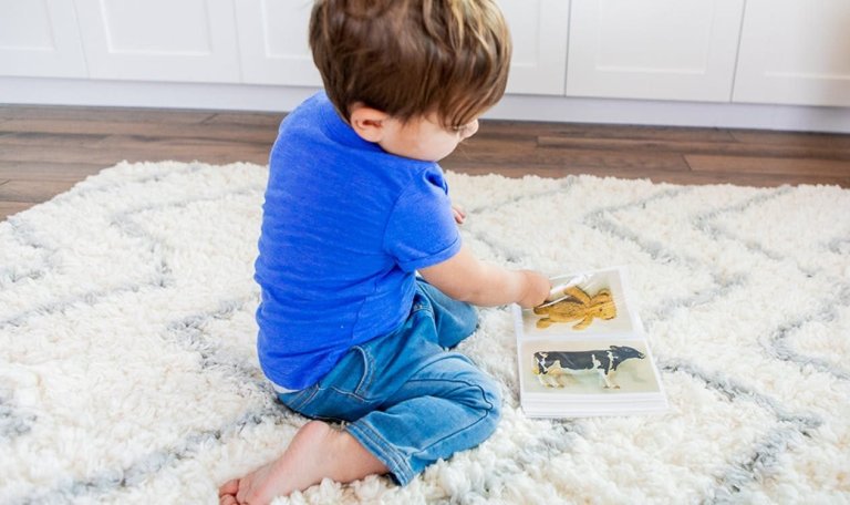 Young child sitting on a rug looking through a book of animals